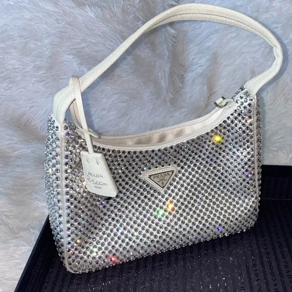 バッグ・カバンその他 Prada White Re-Edition handbag with crystals White Prada Re-edition Satin Mini-bag With Crystals | PRADA